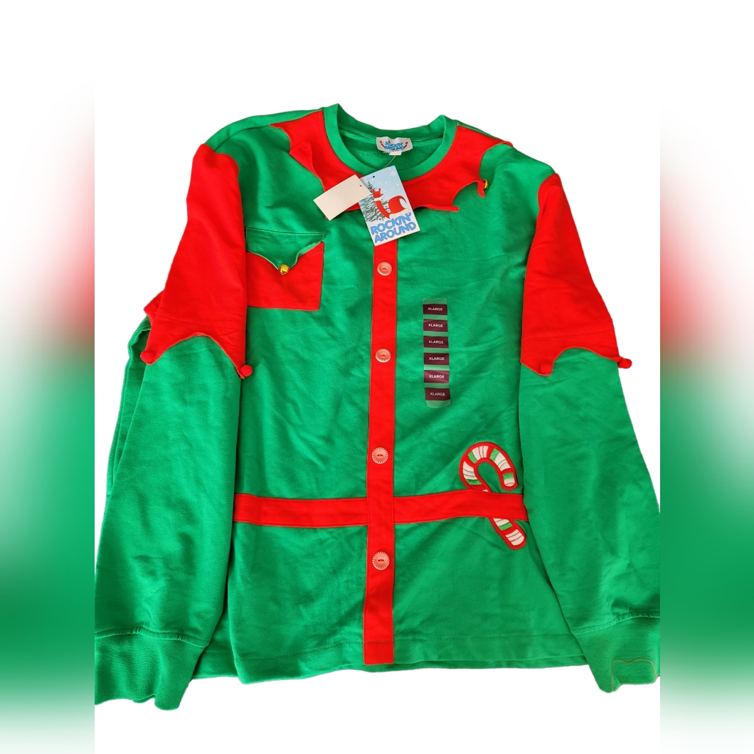 Rockin Around Elf Christmas Long Sleeve Shirt Mens Xl Nwt Red Green Bells